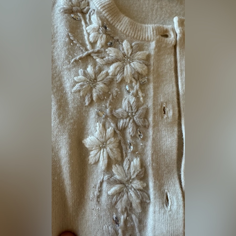 Vintage Embellished Floral Cardigan – Cream – Medium (Fits Large - Picture 5 of 9